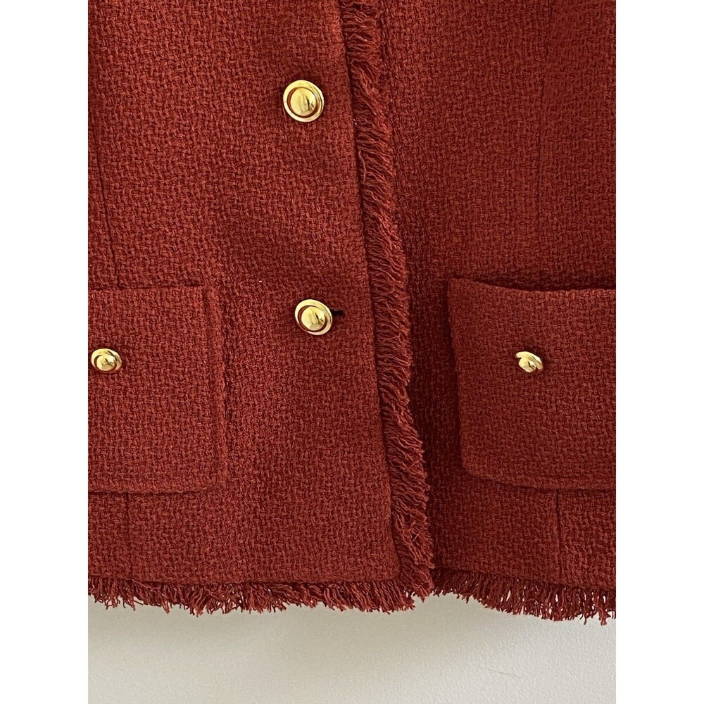 NWOT Joan Rivers Red Tweed Fringe Blazer Jacket Gold Buttons Womens   Size 14 - Picture 3 of 7